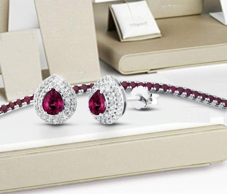 Fancy earrings in 18k white gold with natural diamonds and ruby sd100009